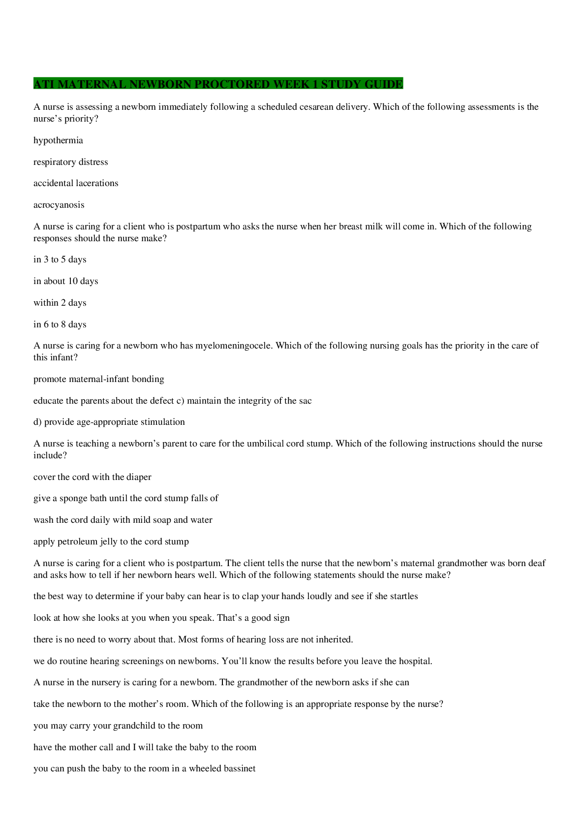 Preview image for ATI MATERNAL NEWBORN PROCTORED WEEK 1 STUDY GUIDE